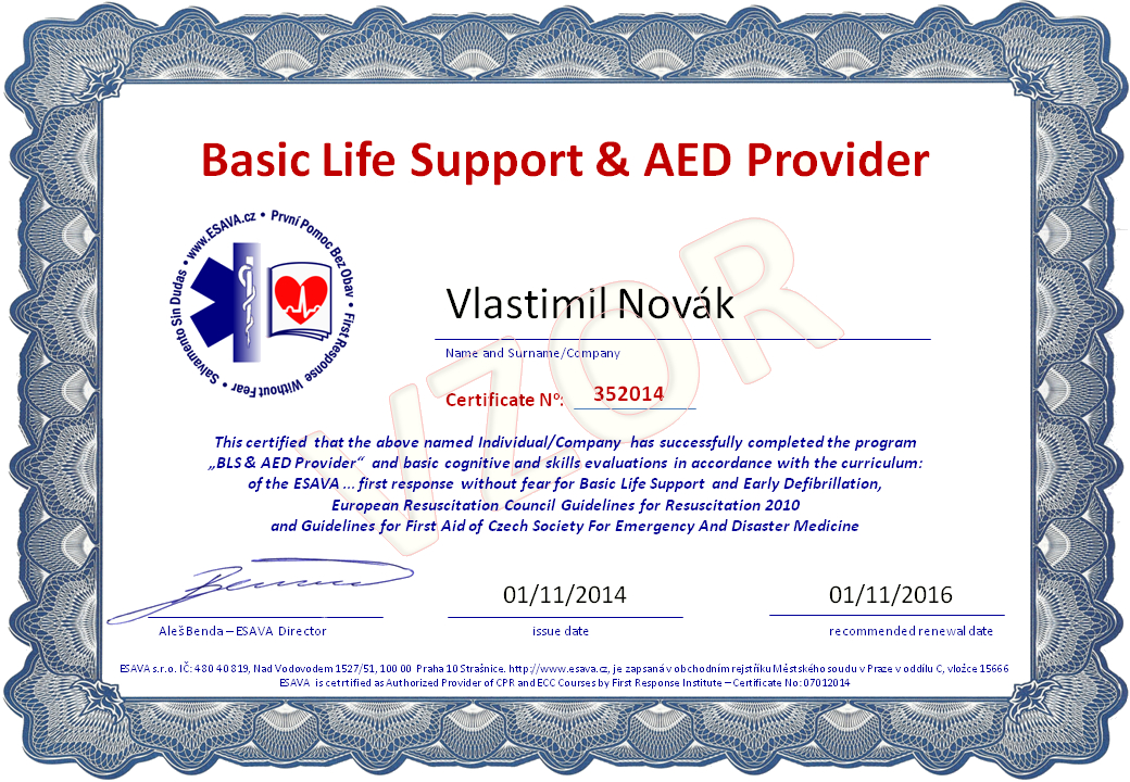 Vzor certifikátu BLS & AED Provider